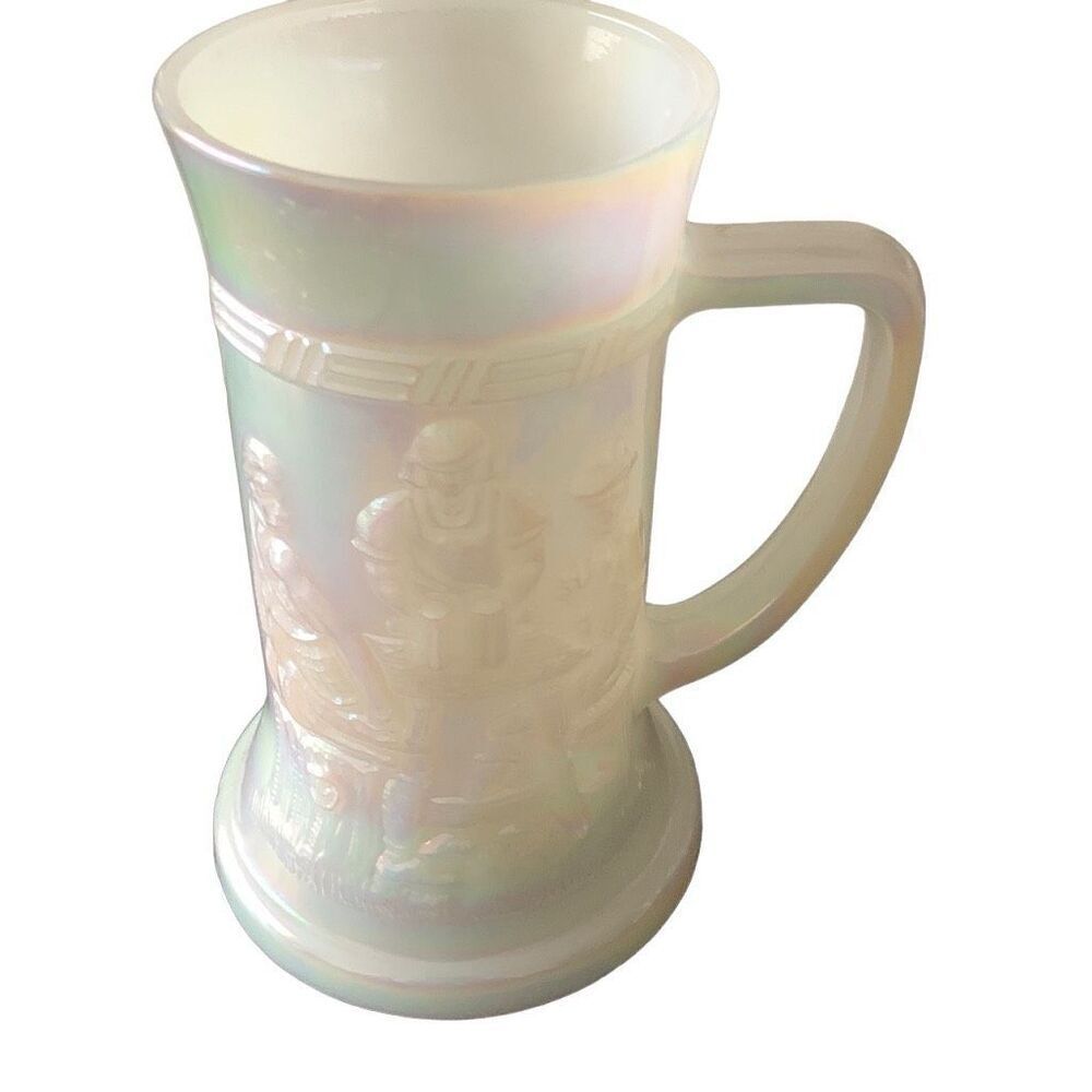 Vintage Federal Glass Pearl Iridescent Tavern Scene Stein Mug Milk Glass Beer